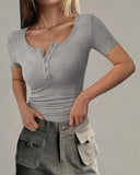 Henley V Neck Short Sleeve Tops Casual Button Up Ribbed Knit T Shirt