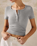 Henley V Neck Short Sleeve Tops Casual Button Up Ribbed Knit T Shirt