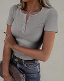 Henley V Neck Short Sleeve Tops Casual Button Up Ribbed Knit T Shirt