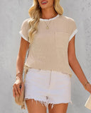 Colorblock Round Neck Short Sleeve Ribbed T Shirt Casual Loose Fit Kni Top