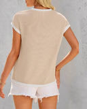 Colorblock Round Neck Short Sleeve Ribbed T Shirt Casual Loose Fit Kni Top