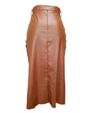 Buttoned Slit PU Leather Midi Chocolate Skirt