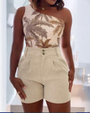 Plain Casual High Waist Pockets Pleated Shorts