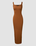 ChicMe ShapeSculpt Basic Lounge Slip U Neck Long Dress Elegant Sleeveless Ribbed Bodycon Maxi Dresses