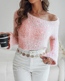 Skew Neck Bell Sleeve Textured Fuzzy Knit Sweater