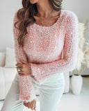 Skew Neck Bell Sleeve Textured Fuzzy Knit Sweater