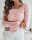 Skew Neck Bell Sleeve Textured Fuzzy Knit Sweater