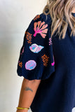 Sail Blue Shellfish Coral Embroidery Puff Sleeve Frilled Neck Blouse