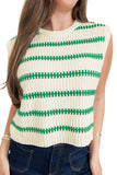 Bright Green Striped Round Neck Casual Sweater Vest