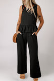 Black Solid Color Ribbed Ruffle Tank Top and Pants Set