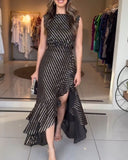 Punching Sleeveless Waist Maxi Dress Elegant Asymmetrical Ruffles Slit Skinny Dress