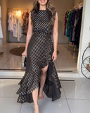 Punching Sleeveless Waist Maxi Dress Elegant Asymmetrical Ruffles Slit Skinny Dress