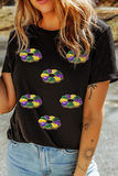 Black Sequined Mardi Gras Pattern Crew Neck Short Sleeve Top