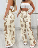 2 Pieces Bandeau Sleeveless Lace Up Top and Abstract Print Strechy Waist Pocket Design Pants Set