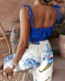 2 Pieces Outfit Plain Spaghetti Strap Shirred Crop Top and Casual Floral Print Pocket Design Pants Set