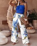 2 Pieces Outfit Plain Spaghetti Strap Shirred Crop Top and Casual Floral Print Pocket Design Pants Set