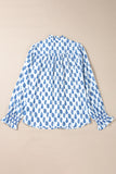 Sky Blue Boho Floral Printed Lantern Sleeve Frilled Neck Shirred Shirt