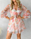 Floral Print Long Sleeve Sheer Mesh Casual Dress