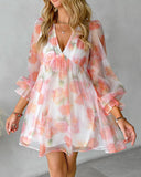 Floral Print Long Sleeve Sheer Mesh Casual Dress