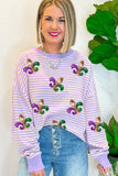 Purple Stripe Sequin Fleur de Lis Patched Pattern Long Sleeve Top