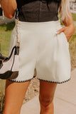 White Waffle Texture Contrast Ricrac Hemline Casual Shorts