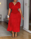 Textured V Neck Sleeveless Ruched Ruffles Hem Dress Casual Waist A Line Party Midi Dress