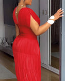 Textured V Neck Sleeveless Ruched Ruffles Hem Dress Casual Waist A Line Party Midi Dress