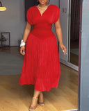 Textured V Neck Sleeveless Ruched Ruffles Hem Dress Casual Waist A Line Party Midi Dress