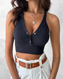 Seamless Buttoned V Neck Sleeveless Rib Knit Crop Top