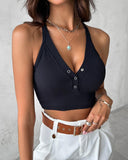 Seamless Buttoned V Neck Sleeveless Rib Knit Crop Top