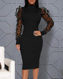 Contrast Mesh Puff Sleeve Ribbed Midi Dress