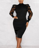 Contrast Mesh Puff Sleeve Ribbed Midi Dress