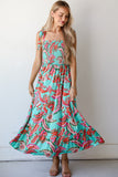 Green Abstract Print Smocked Bodice Knotted Straps Ruffled Maxi Dress