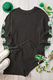 Carbon Grey Sequin Clover Graphic Corded Long Sleeve Top and Shorts Set