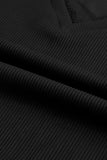 Black Ribbed Texture Lace Trim V Neck Long Sleeve Top