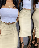 Ruffles Hem Mid Calf Slim Fit High Waist Pencil Skirt Elegant Skirt