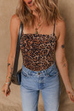 Brown Spaghetti Straps Ruched Leopard Bodysuit