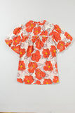 Orange Floral Bubble Sleeve Frill Neck Loose Blouse