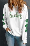 White Sequin lucky Lettering Clover Patched Sleeve Drop Shoulder Sweatshirt