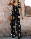 Embroidery Patchwork Thick Strap Square Neck Shirred Jumpsuit Wide Leg Vacation Overalls with Pockets