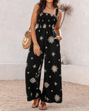 Embroidery Patchwork Thick Strap Square Neck Shirred Jumpsuit Wide Leg Vacation Overalls with Pockets