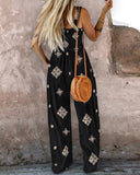 Embroidery Patchwork Thick Strap Square Neck Shirred Jumpsuit Wide Leg Vacation Overalls with Pockets