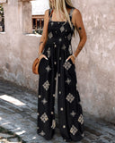 Embroidery Patchwork Thick Strap Square Neck Shirred Jumpsuit Wide Leg Vacation Overalls with Pockets