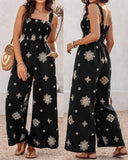 Graphic Print Thick Strap Square Neck Shirred Jumpsuit Wide Leg Vacation Overalls with Pockets