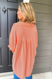 Grapefruit Orange Corded Half Sleeve Button Up High Low Hem Loose Shirt