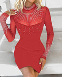 Rhinestone Sheer Mesh Patchwork Bodycon Dress
