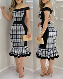 Houndstooth Print Off Shoulder Ruffle Hem Bodycon Dress