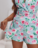 Floral Print Notched Collar Plunge V Neck Sleeveless Romer Casual Slim Fit Blazer Skort Jumpsuit with Belt