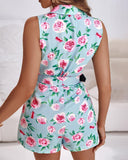 Floral Print Notched Collar Plunge V Neck Sleeveless Romer Casual Slim Fit Blazer Skort Jumpsuit with Belt
