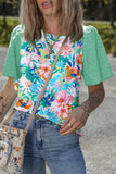 Green Floral Print Eyelet Embroidered Short Sleeve Crew Neck Top